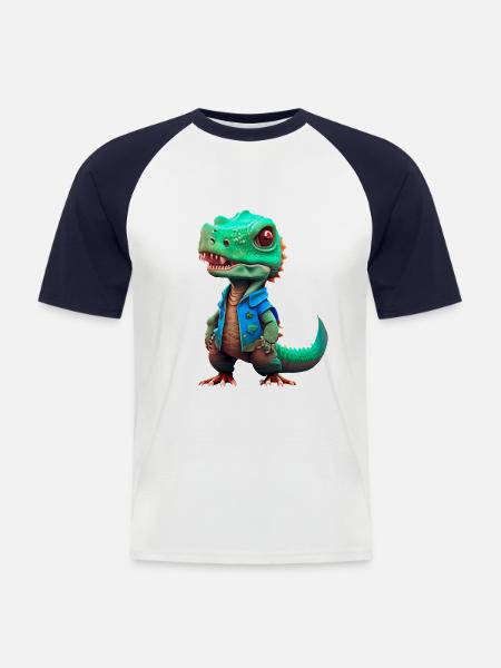 small T-Rex in denim jacket - Men's Baseball T-Shirt - white/navy