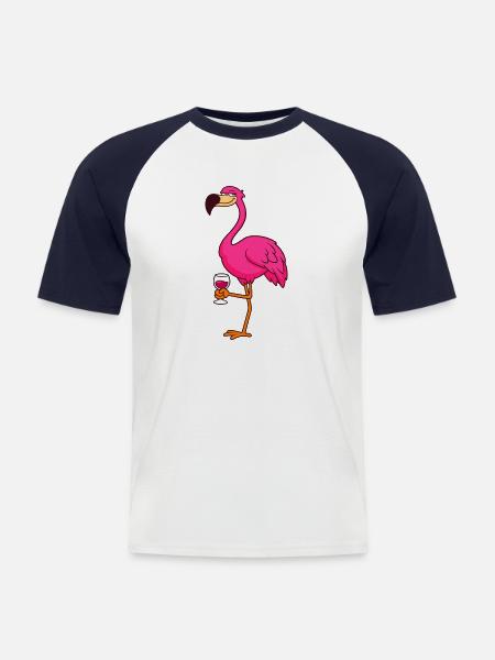 Sjov flamingo med vinglas - Kortærmet herre-baseballshirt - hvid/marineblå