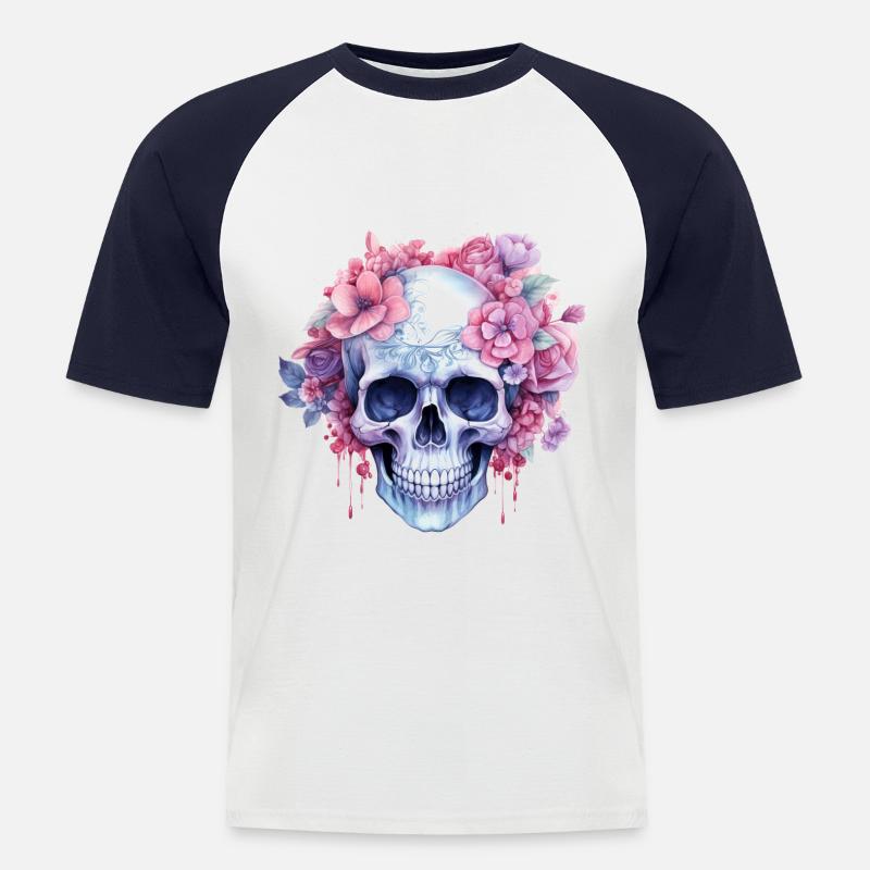 Gothic Design - pastel flower skeleton - Männer Baseball-T-Shirt - Weiß/Navy