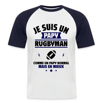 Papy rugbyman plus cool, fête des grands-pères - T-shirt baseball manches courtes Homme - blanc/marine - Devant - Nik (191cm)