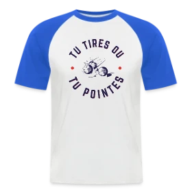 Maquette de T-shirt baseball manches courtes Homme - Pétanque: Tu Tires ou Tu Pointes? à imprimer et personnaliser