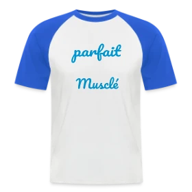 Maquette de T-shirt baseball manches courtes Homme « Musculation : Pas Parfait, Mais Musclé ! Humour Fitness » à imprimer et personnaliser