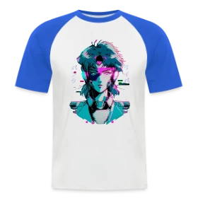 Maquette de T-shirt baseball manches courtes Homme « Cyberpunk Anime Girl : Esthétique Glitch Années 80 » à imprimer et personnaliser