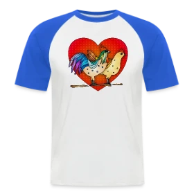 Maquette de T-shirt baseball manches courtes Homme « Duo Coq et Poule Champêtre » à imprimer et personnaliser
