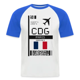 Maquette de T-shirt baseball manches courtes Homme « Billet d'Avion Paris CDG » à imprimer et personnaliser