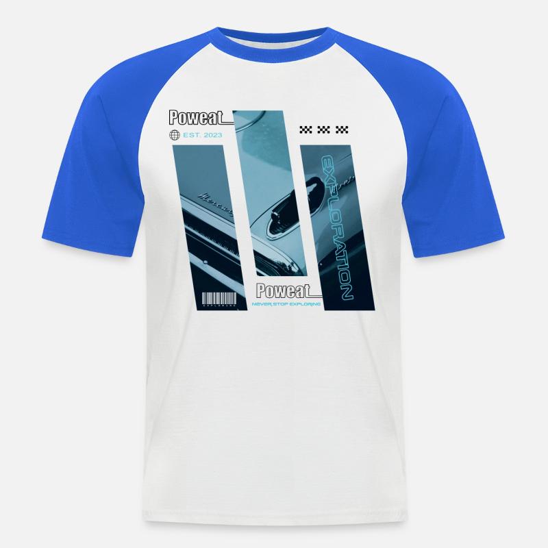 Never Stop Exploring - Männer Baseball-T-Shirt - Weiß/Royalblau