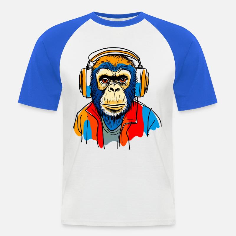 Affe mit Kopfhörern - Männer Baseball-T-Shirt - Weiß/Royalblau
