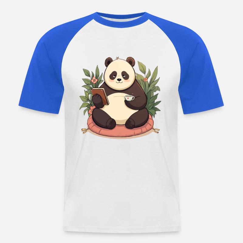 Panda beim Lesen mit Tee - Männer Baseball-T-Shirt - Weiß/Royalblau