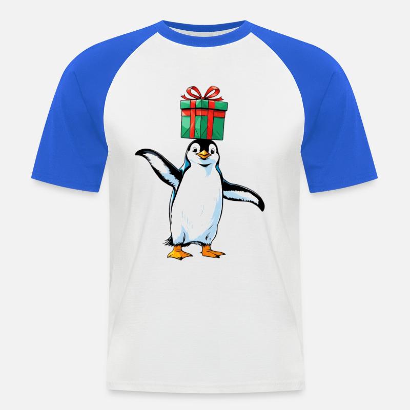 Pinguin mit Geschenk auf Kopf - Männer Baseball-T-Shirt - Weiß/Royalblau