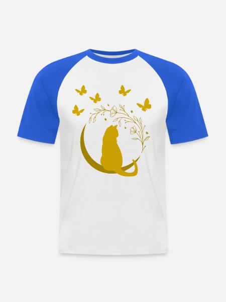 Goldene Mondkatze mit Blütenranke - Männer Baseball-T-Shirt - Weiß/Royalblau