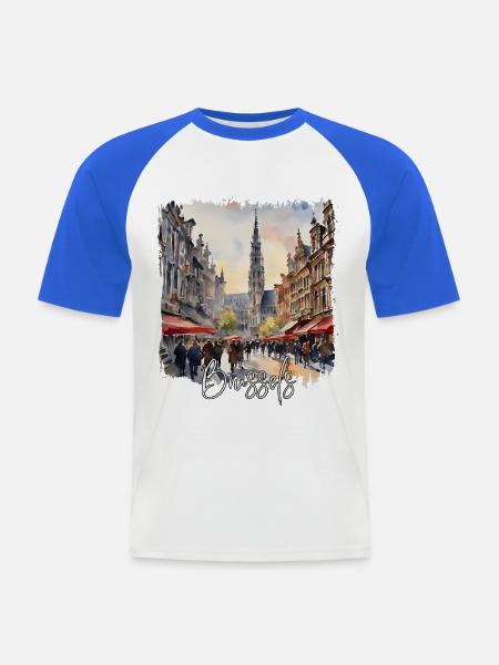 Aquarell von Brüssel, Brüssel, Belgien - Männer Baseball-T-Shirt - Weiß/Royalblau