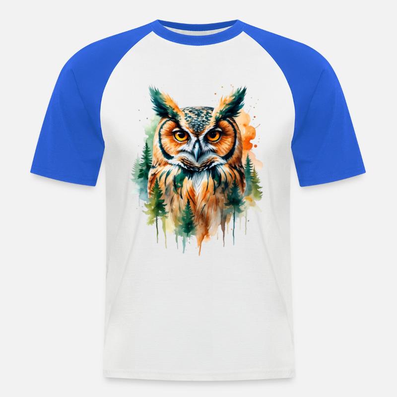 Wasserfarbene Eule im Walddesign - Männer Baseball-T-Shirt - Weiß/Royalblau