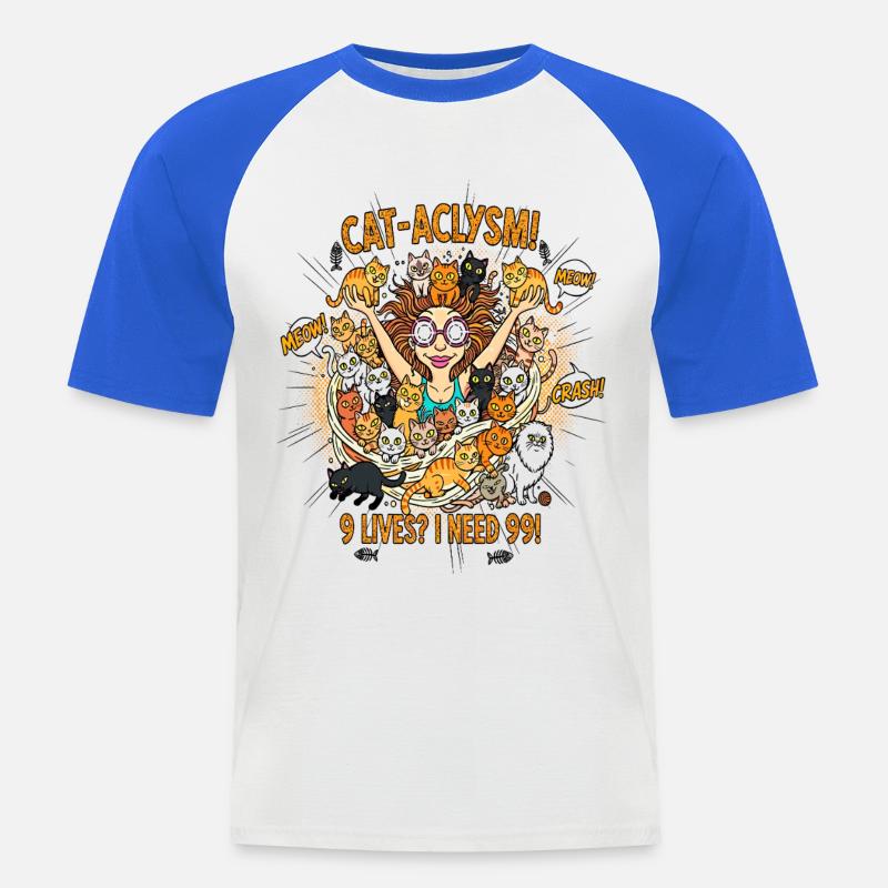 CAT-ACLYSM! 99 Katzen Chaos - Comic - Männer Baseball-T-Shirt - Weiß/Royalblau