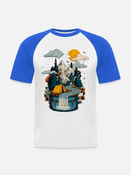 Mountain Lake Path - Camping Backpacker Motif - Men's Baseball T-Shirt - white/royal blue