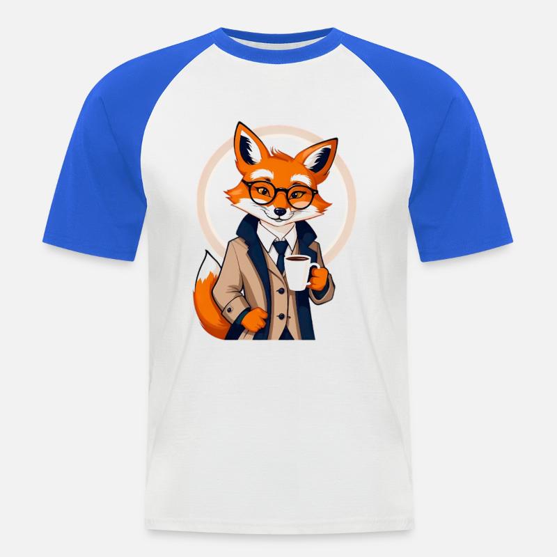 Fuchs im Anzug mit Kaffee - Männer Baseball-T-Shirt - Weiß/Royalblau