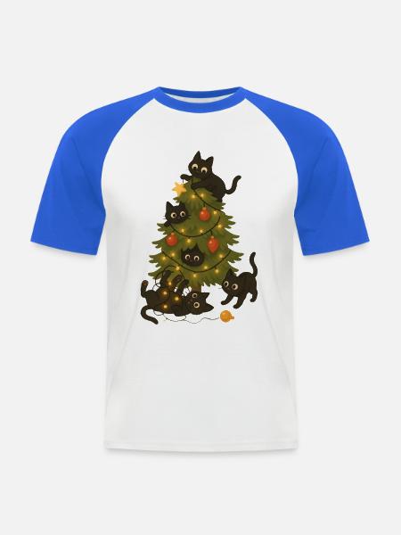Funny Cats Playing Around Christmas Tree - Men's Baseball T-Shirt - white/royal blue