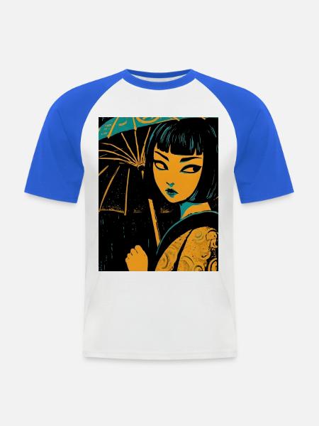 Nachtlicht Mädchen mit UkiyoE Regenschirm - Männer Baseball-T-Shirt - Weiß/Royalblau
