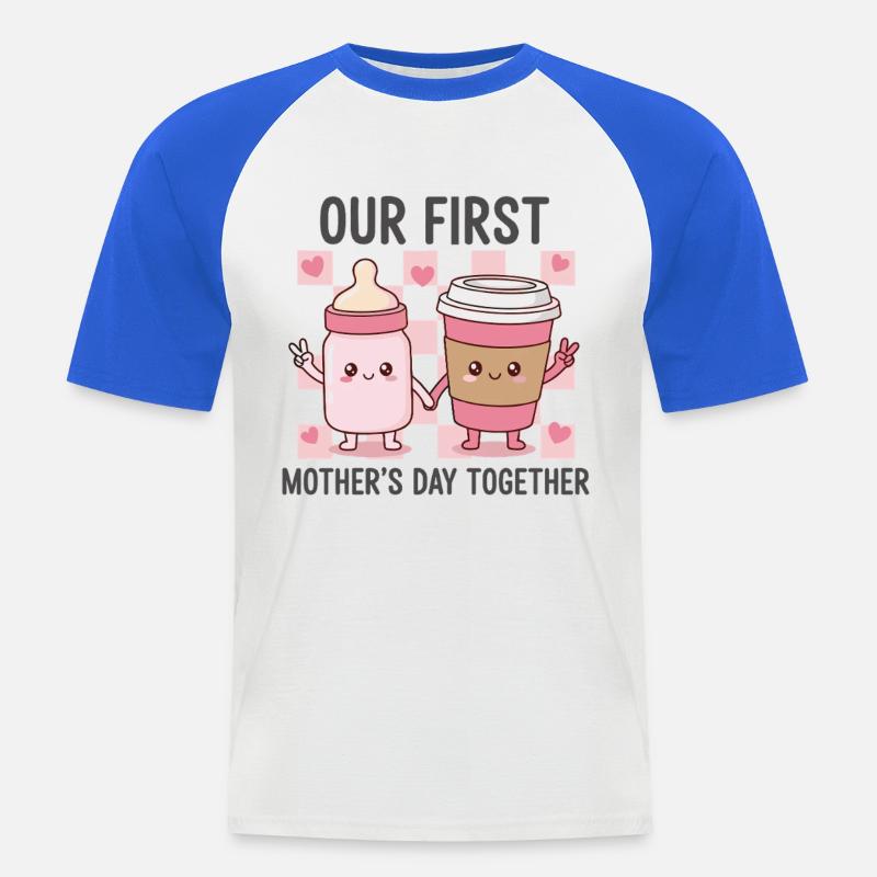 Vår första mors dag – Kawaii Baby & Coffee - Kortärmad basebolltröja herr - vit/kungsblå