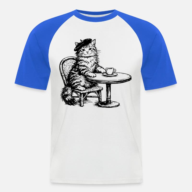 Gatto con Basco al Caffè - Design Retro Vintage - Maglia da baseball a manica corta da uomo - bianco/blu royal
