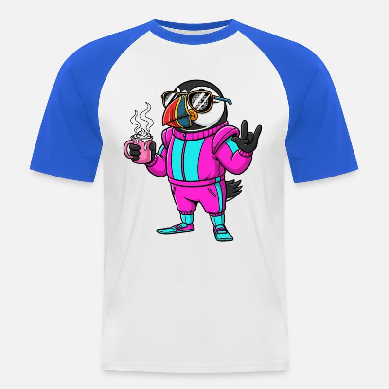 Stylischer Vogel im Ski-Overall mit Kaffee - Männer Baseball-T-Shirt - Weiß/Royalblau