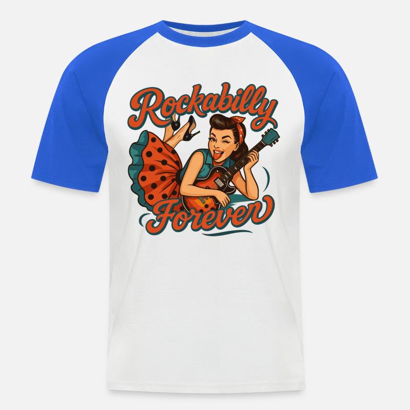 Rockabilly Forever: Rockabella med elgitarr - Kortärmad basebolltröja herr - vit/kungsblå