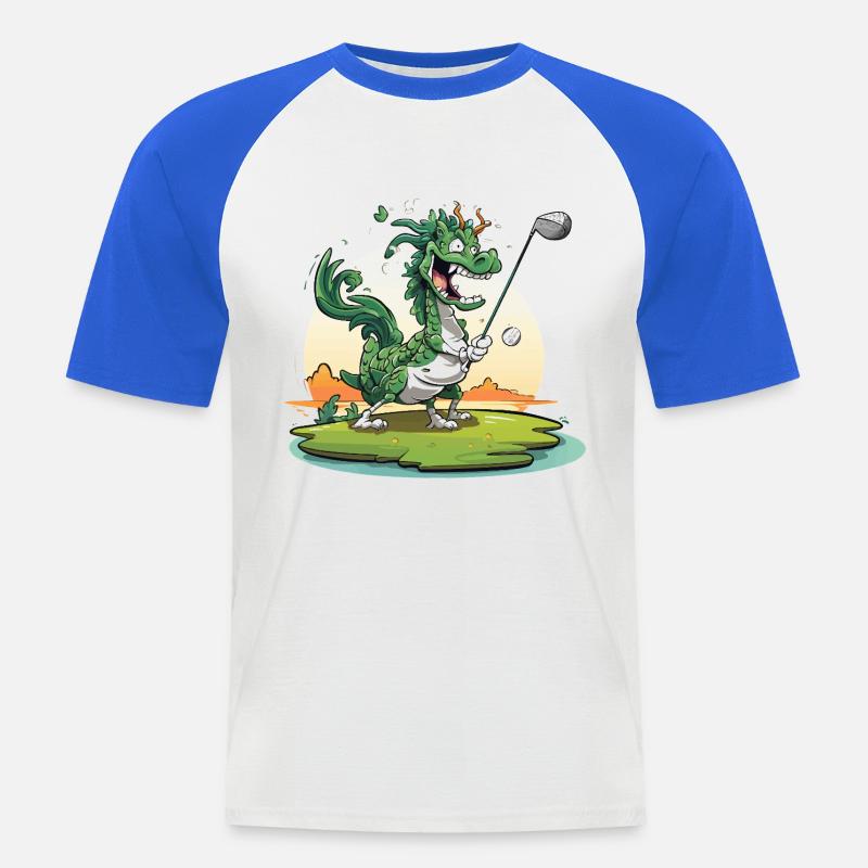 Golfender Drache am Tee - Männer Baseball-T-Shirt - Weiß/Royalblau