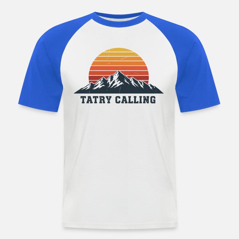Tatry Calling Retro Mountain Sunset Design - Maglia da baseball a manica corta da uomo - bianco/blu royal