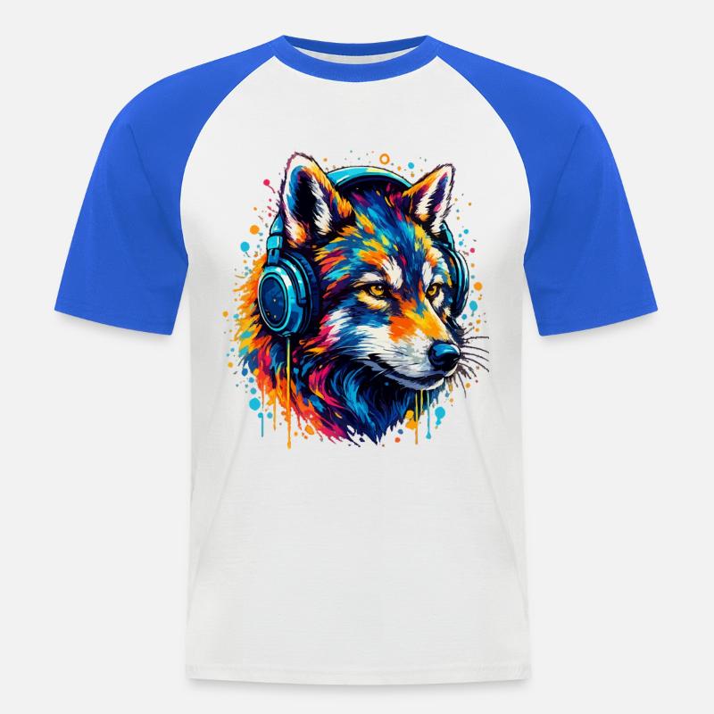 Fuchs mit Neon Kopfhörer Kunst - Männer Baseball-T-Shirt - Weiß/Royalblau
