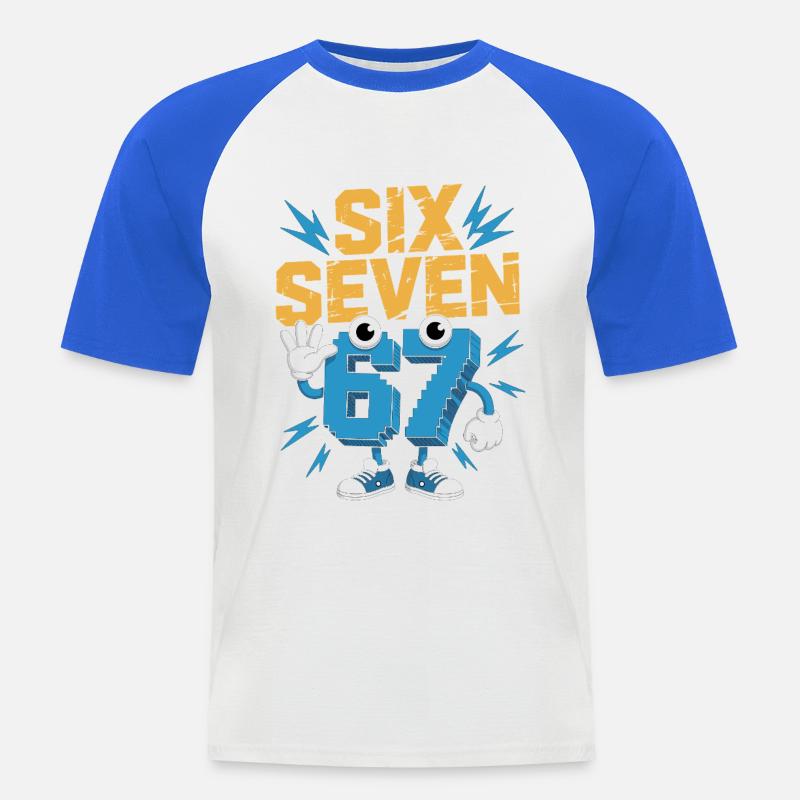 Zahlenheld 67 im Comicstil - Männer Baseball-T-Shirt - Weiß/Royalblau