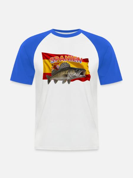 Zander Angeln Spanien - Angelurlaub Design - Männer Baseball-T-Shirt - Weiß/Royalblau