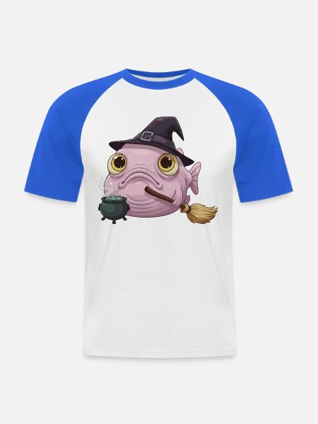 Lustiger Blobfisch - Hexenhut und Zauberkessel - Männer Baseball-T-Shirt - Weiß/Royalblau