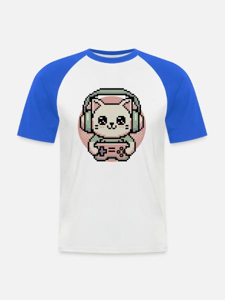 Pixel Gamer Katze - Männer Baseball-T-Shirt - Weiß/Royalblau