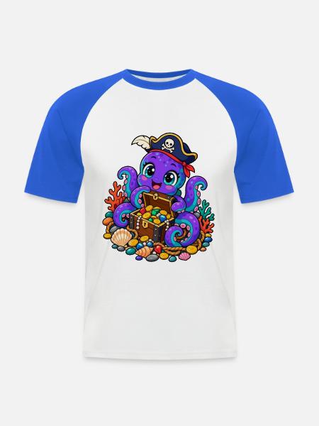 Piraten-Tintenfisch mit Schatztruhe - Männer Baseball-T-Shirt - Weiß/Royalblau