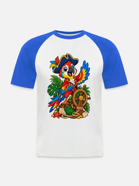 Piratenpapagei am Steuerrad - Männer Baseball-T-Shirt - Weiß/Royalblau