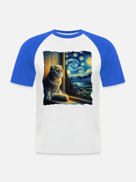 Faltohrkatze Starry Night - Männer Baseball-T-Shirt - Weiß/Royalblau