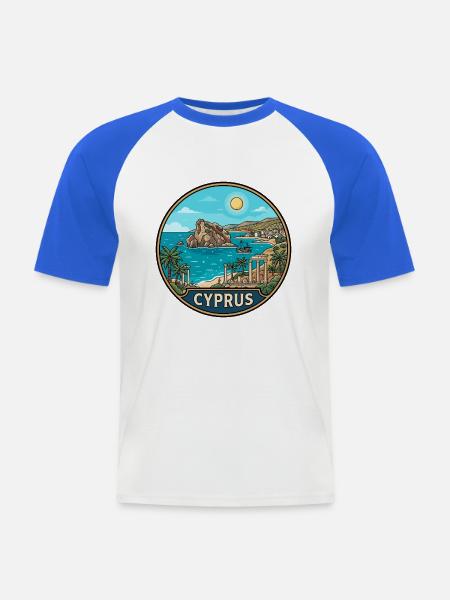 Zypern-Reiseabzeichen Aphrodite-Felsen Mittelmeerraum - Männer Baseball-T-Shirt - Weiß/Royalblau