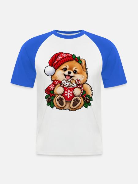 Zwergspitz mit Wintermütze & heißem Kakao - Männer Baseball-T-Shirt - Weiß/Royalblau
