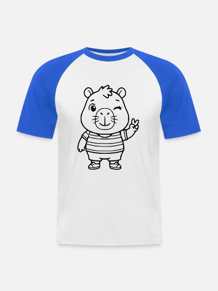 Niedliche zwinkernde Capybara-Peace-Zeichen-Zeichnung - Männer Baseball-T-Shirt - Weiß/Royalblau