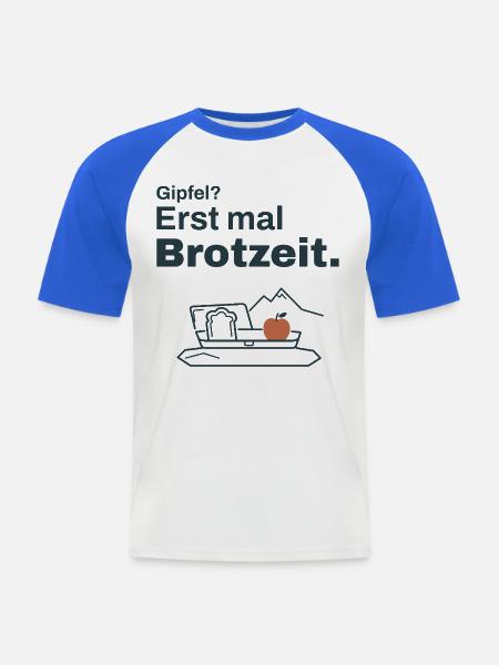 Gipfel? Erst mal Brotzeit – Wandern - Männer Baseball-T-Shirt - Weiß/Royalblau