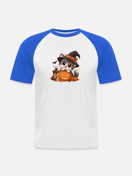 Süße Hexenkatze mit Kürbis - Männer Baseball-T-Shirt - Weiß/Royalblau