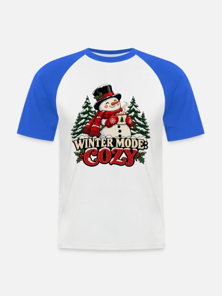 Wintermodus: Gemütlich – Schneemann mit Tasse - Männer Baseball-T-Shirt - Weiß/Royalblau