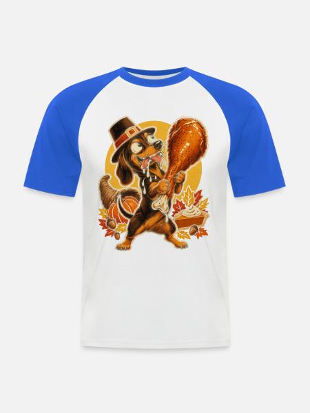 Thanksgiving Dackel mit Truthahn-Drumstick - Männer Baseball-T-Shirt - Weiß/Royalblau