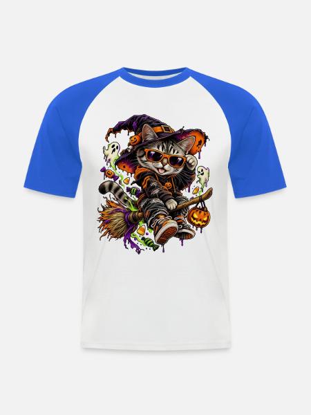 Halloween Hexenkatze auf Besen - Männer Baseball-T-Shirt - Weiß/Royalblau