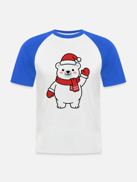 Niedlicher Kawaii-Eisbär winkt mit Weihnachtsmütze - Männer Baseball-T-Shirt - Weiß/Royalblau