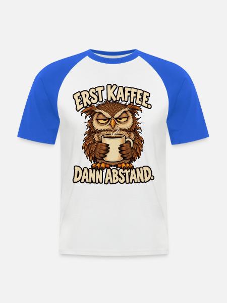 Morgenmuffel Eule mit Kaffee - Männer Baseball-T-Shirt - Weiß/Royalblau