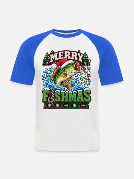 Fischmas Weihnacht: Springender Fisch - Männer Baseball-T-Shirt - Weiß/Royalblau