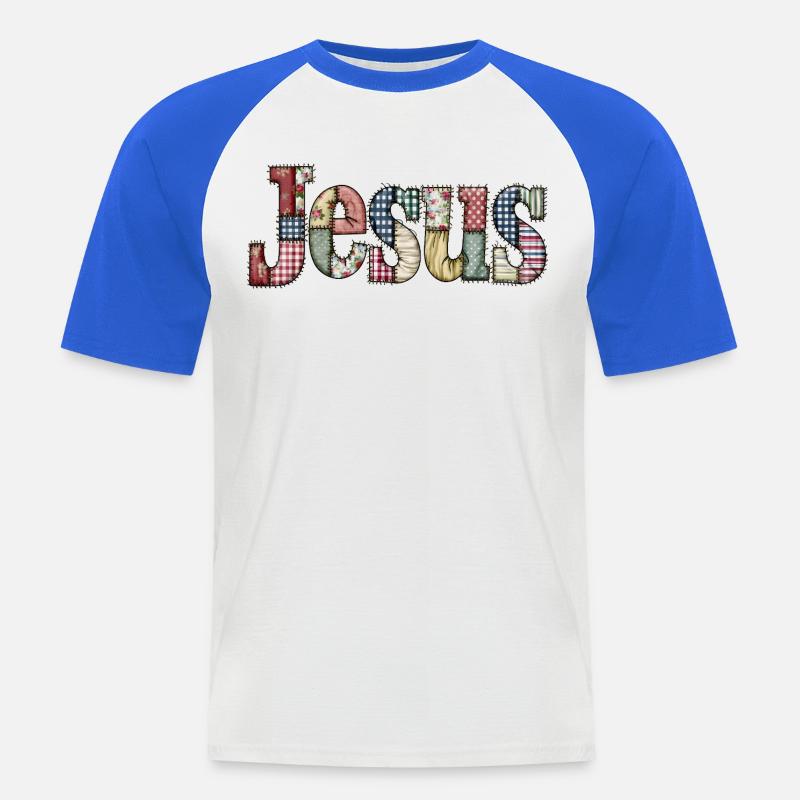 Patchwork Jesus Schriftzug - Männer Baseball-T-Shirt - Weiß/Royalblau