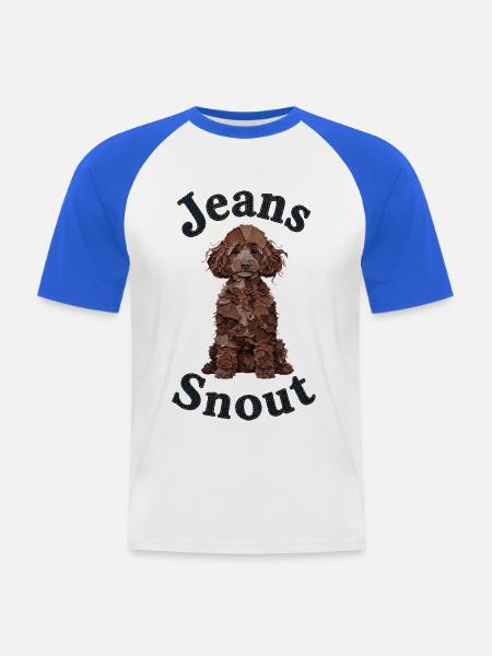 Brauner Pudel im Jeansflicken-Stil - Männer Baseball-T-Shirt - Weiß/Royalblau