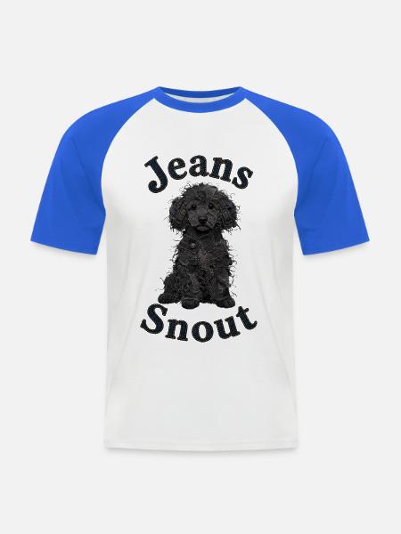 Schwarzer Toypudel im Jeansflicken-Stil - Männer Baseball-T-Shirt - Weiß/Royalblau