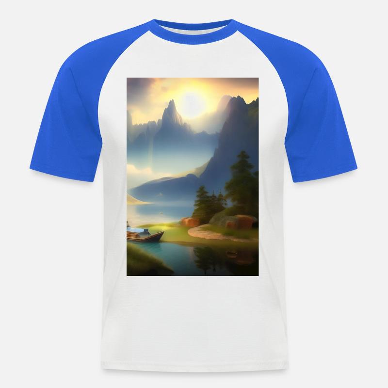 Landschaft mit See, Boot und Berge - Männer Baseball-T-Shirt - Weiß/Royalblau